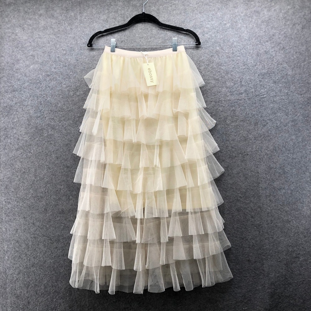 NWT Ebossy Tiered Tulle Maxi Skirt Cream Champagne Ruffle Mesh Balletcore XS